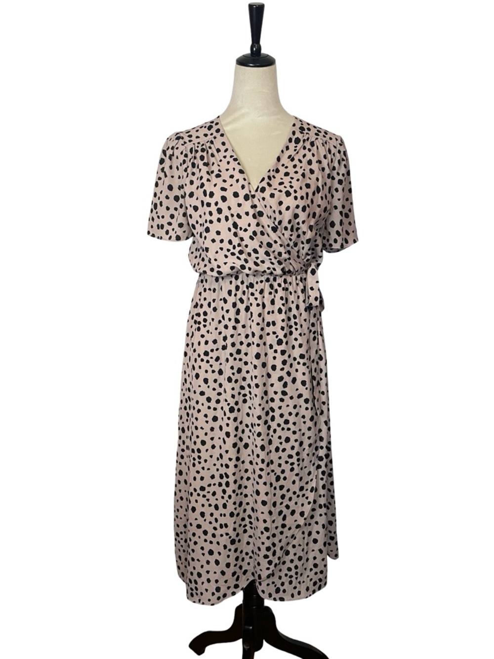 French Grey Spot Print Wrap Midi Dress
